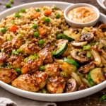 hibachi chicken with fried rice and vegetables served in a bowl with sesame seeds and spicy mayo
