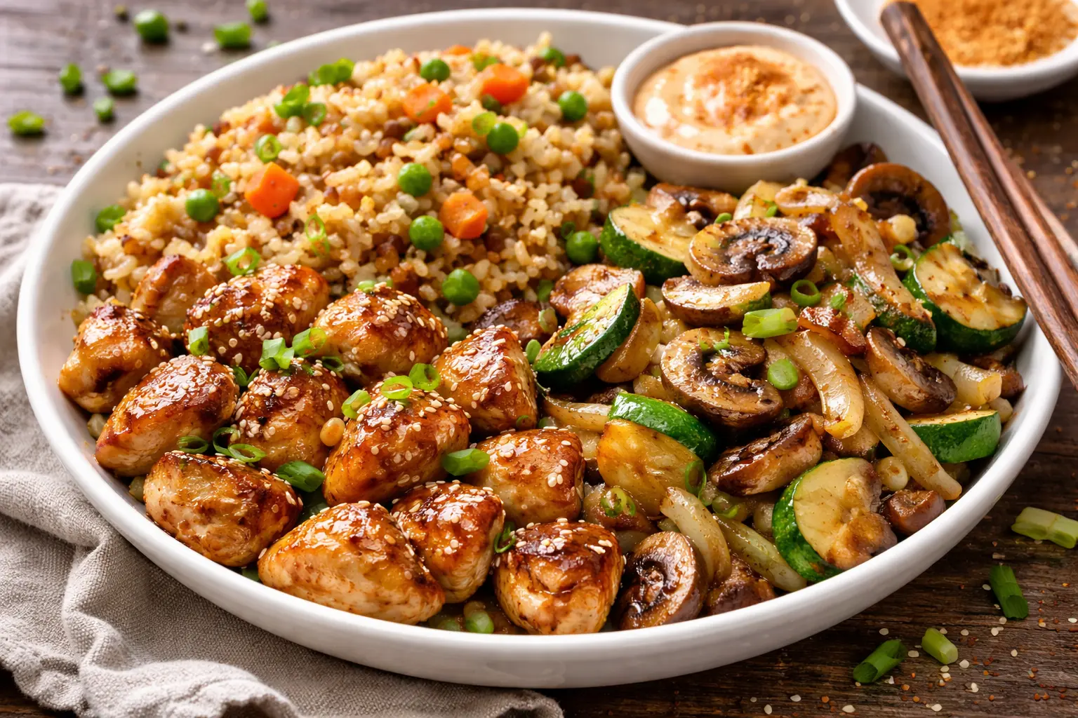 hibachi chicken with fried rice and vegetables served in a bowl with sesame seeds and spicy mayo