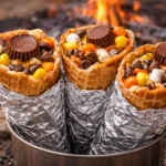 Reese’s campfire cones dessert filled with marshmallows chocolate chips and peanut butter cups melted over a campfire