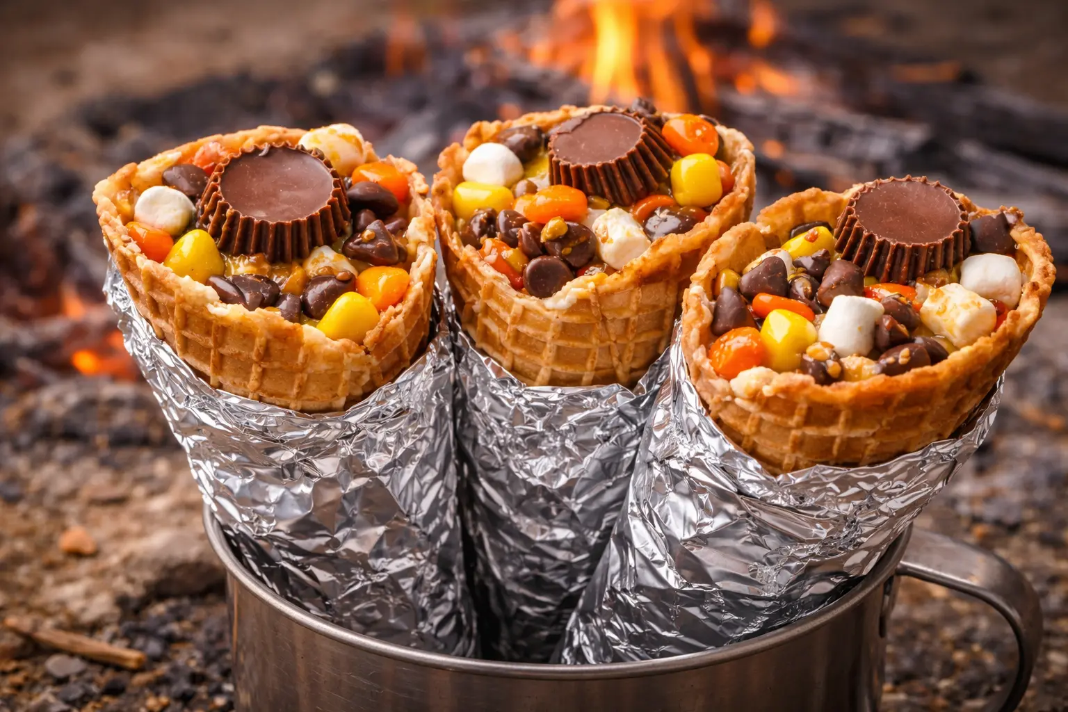 Reese’s campfire cones dessert filled with marshmallows chocolate chips and peanut butter cups melted over a campfire