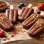 healthy chocolate fudgesicles recipe topped with chopped almonds and cocoa powder