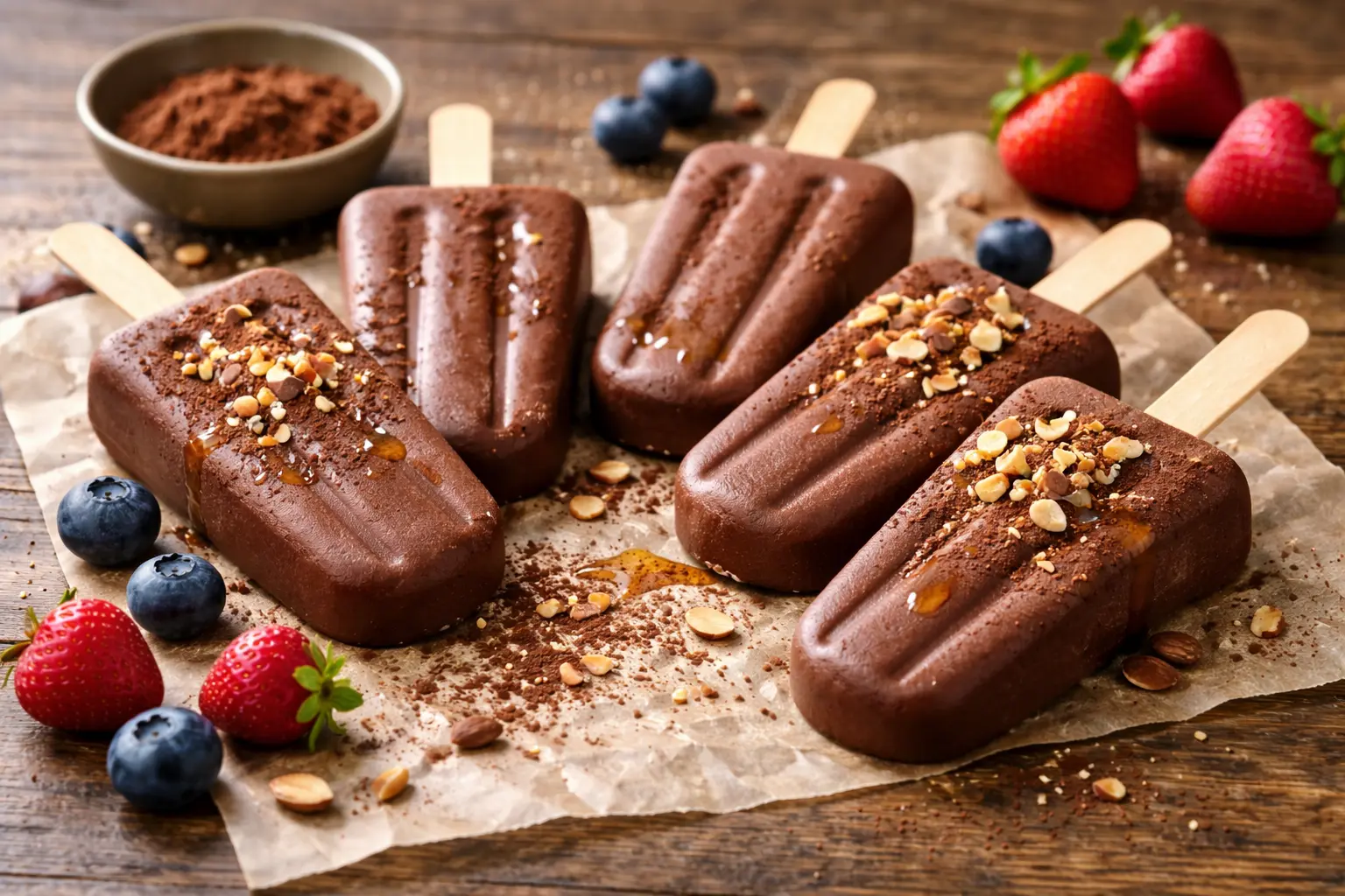 healthy chocolate fudgesicles recipe topped with chopped almonds and cocoa powder