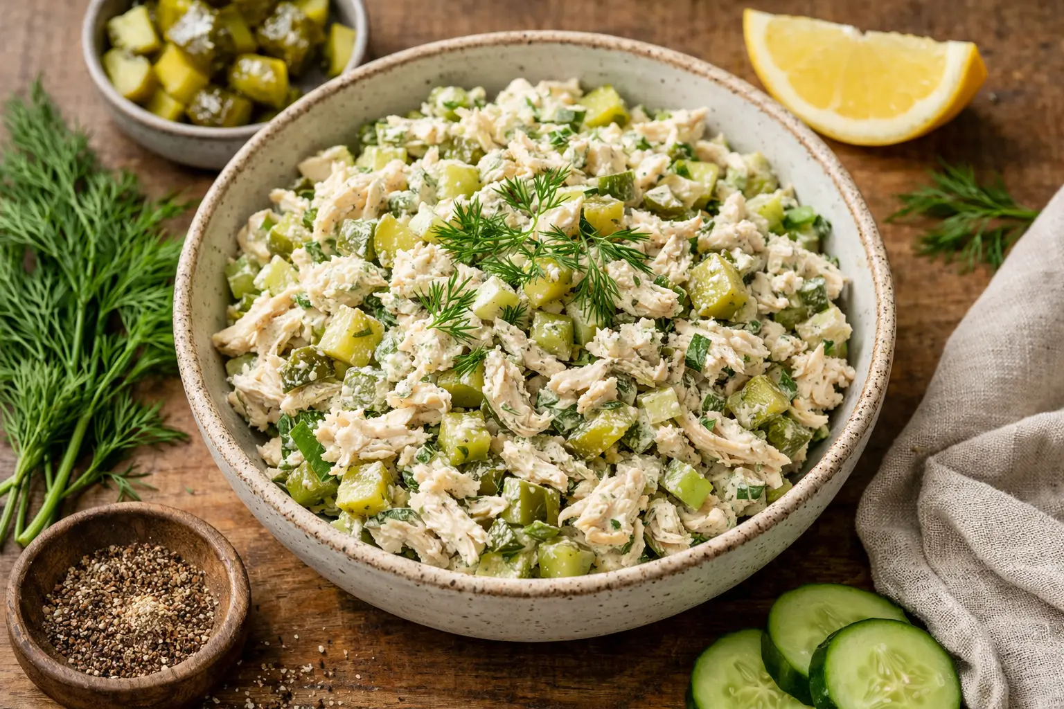 Easy dill pickle chicken salad made with shredded chicken, chopped pickles, celery, fresh dill, and creamy Greek yogurt dressing in a bowl.