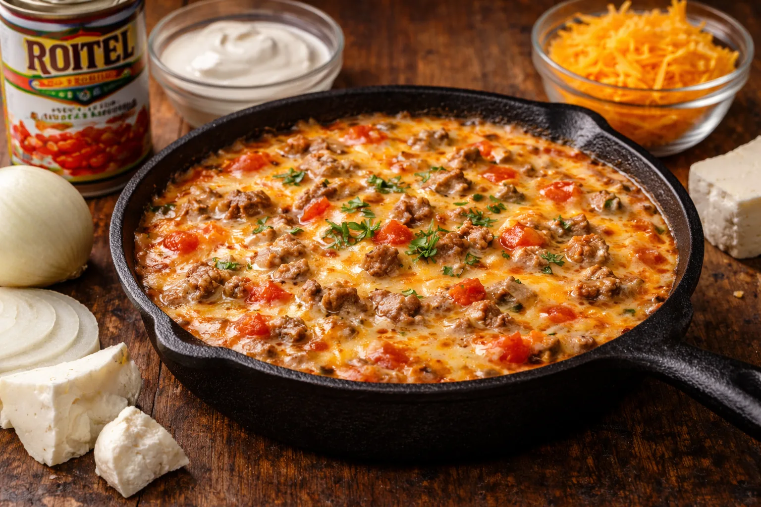 Easy Rotel Dip with Ground Beef in a cast iron skillet topped with melted cheddar cheese and diced tomatoes, surrounded by recipe ingredients on a wooden table.