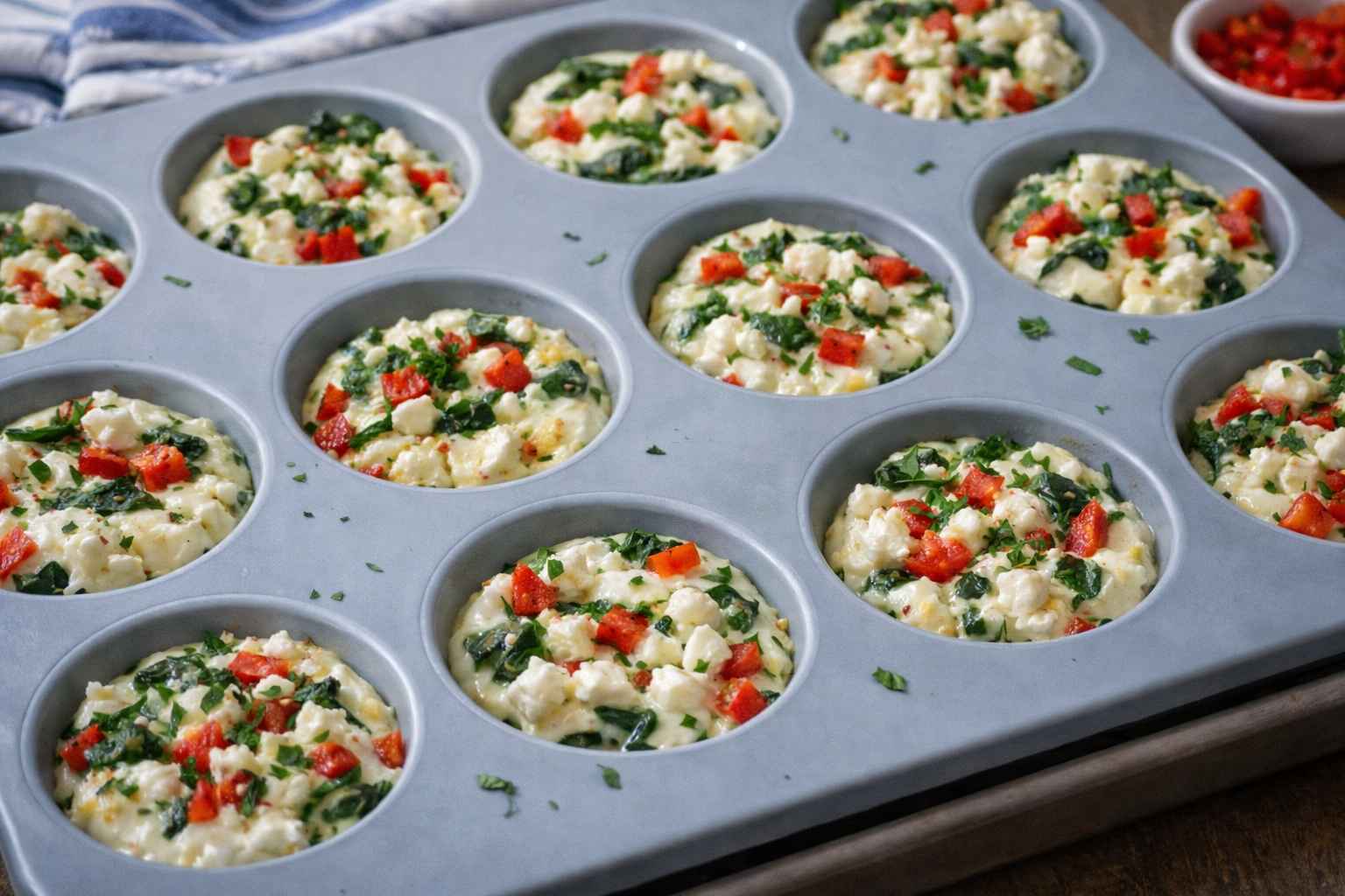 Egg white bites with feta spinach and roasted red peppers baked in a muffin tray