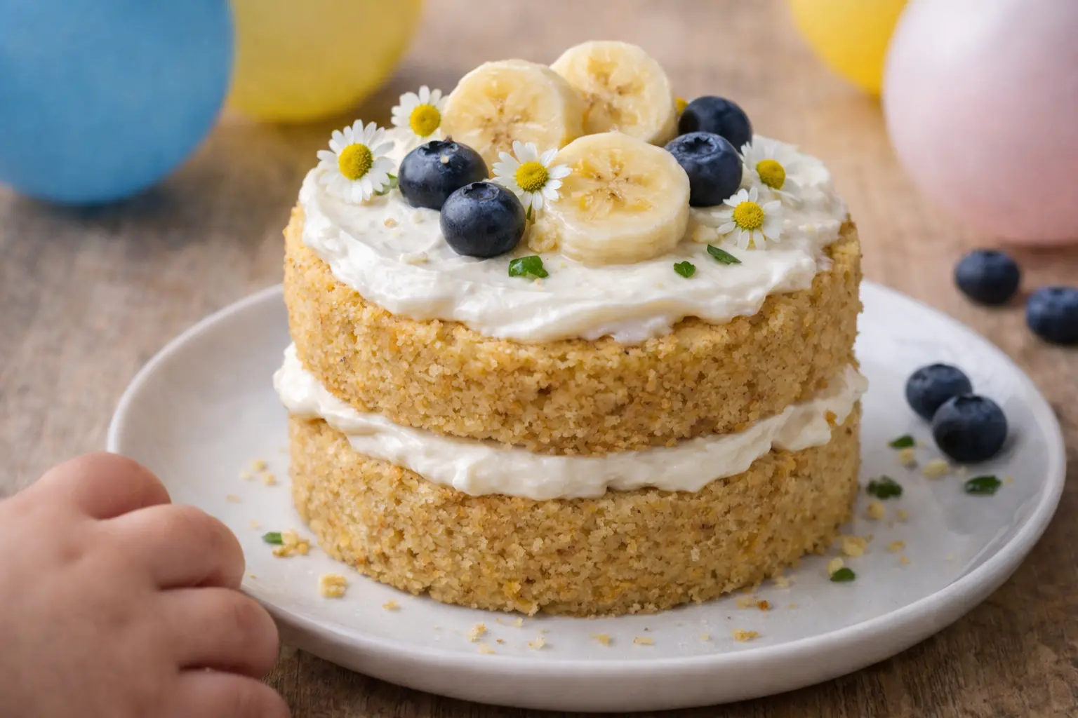 Healthy banana smash cake for baby first birthday made with almond flour banana and yogurt frosting