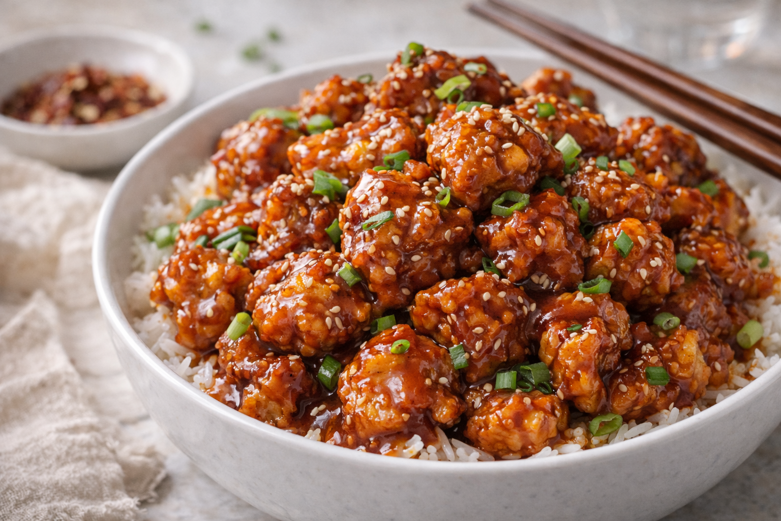 Crispy General Tso’s chicken coated in sweet and spicy sauce served over steamed white rice with sesame seeds and green onions