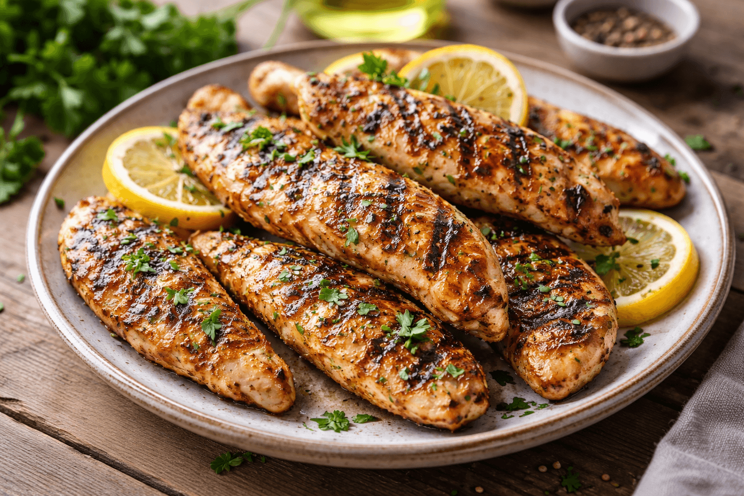 Juicy grilled lemon herb chicken tenders with golden char marks, fresh lemon slices and parsley on a rustic plate