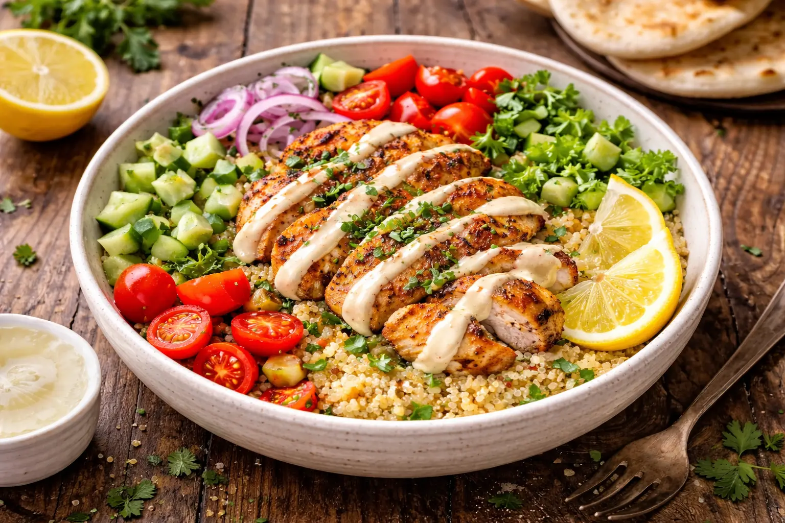 healthy chicken shawarma quinoa bowl with grilled chicken fresh vegetables and tahini sauce