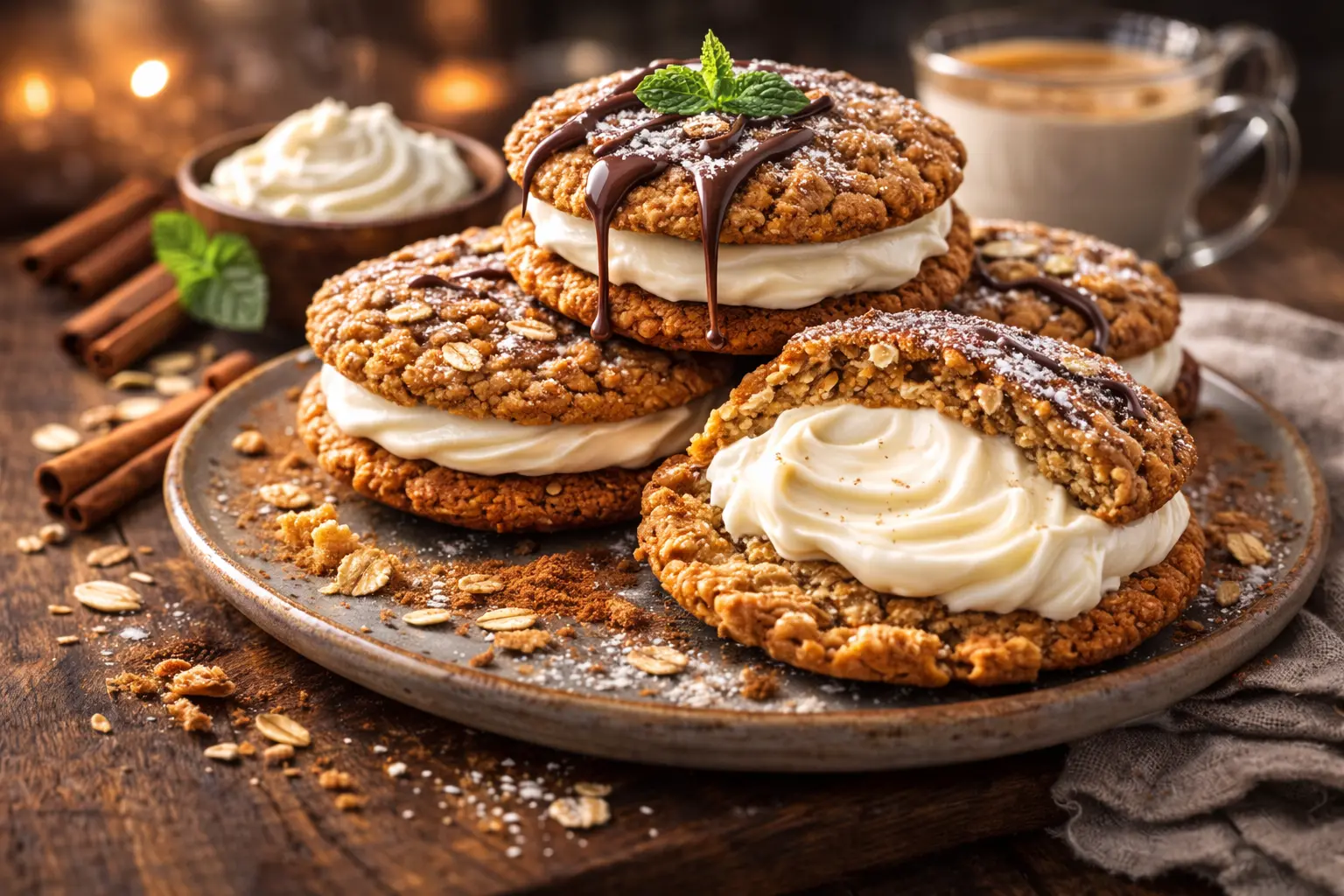 homemade oatmeal cream pies with creamy filling between soft oatmeal cookies on a rustic plate
