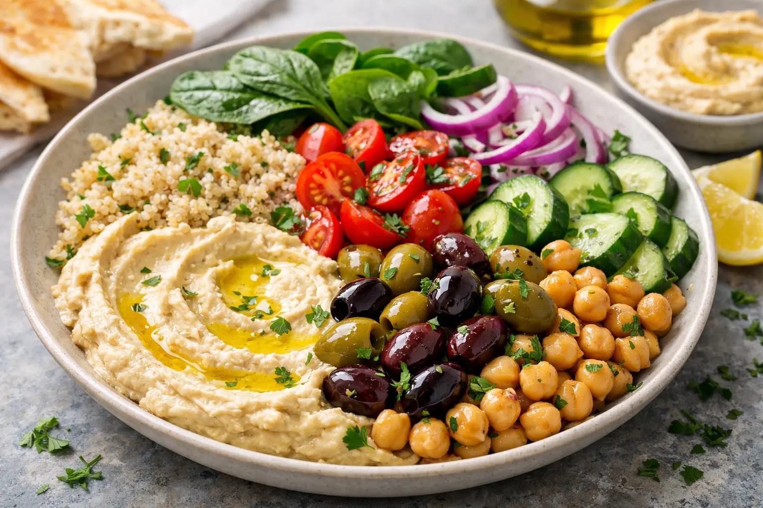 Hummus bowl with quinoa, baby spinach, cherry tomatoes, cucumber, red onion, chickpeas, olives, and olive oil garnish in a shallow dish