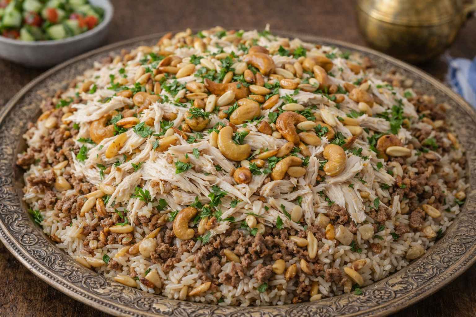 Lebanese chicken and rice topped with spiced beef toasted nuts and fresh parsley