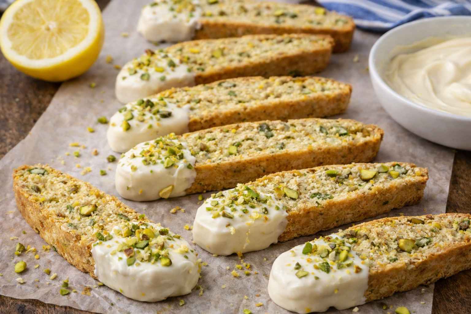 Lemon cardamom pistachio biscotti dipped in white chocolate and topped with crushed pistachios