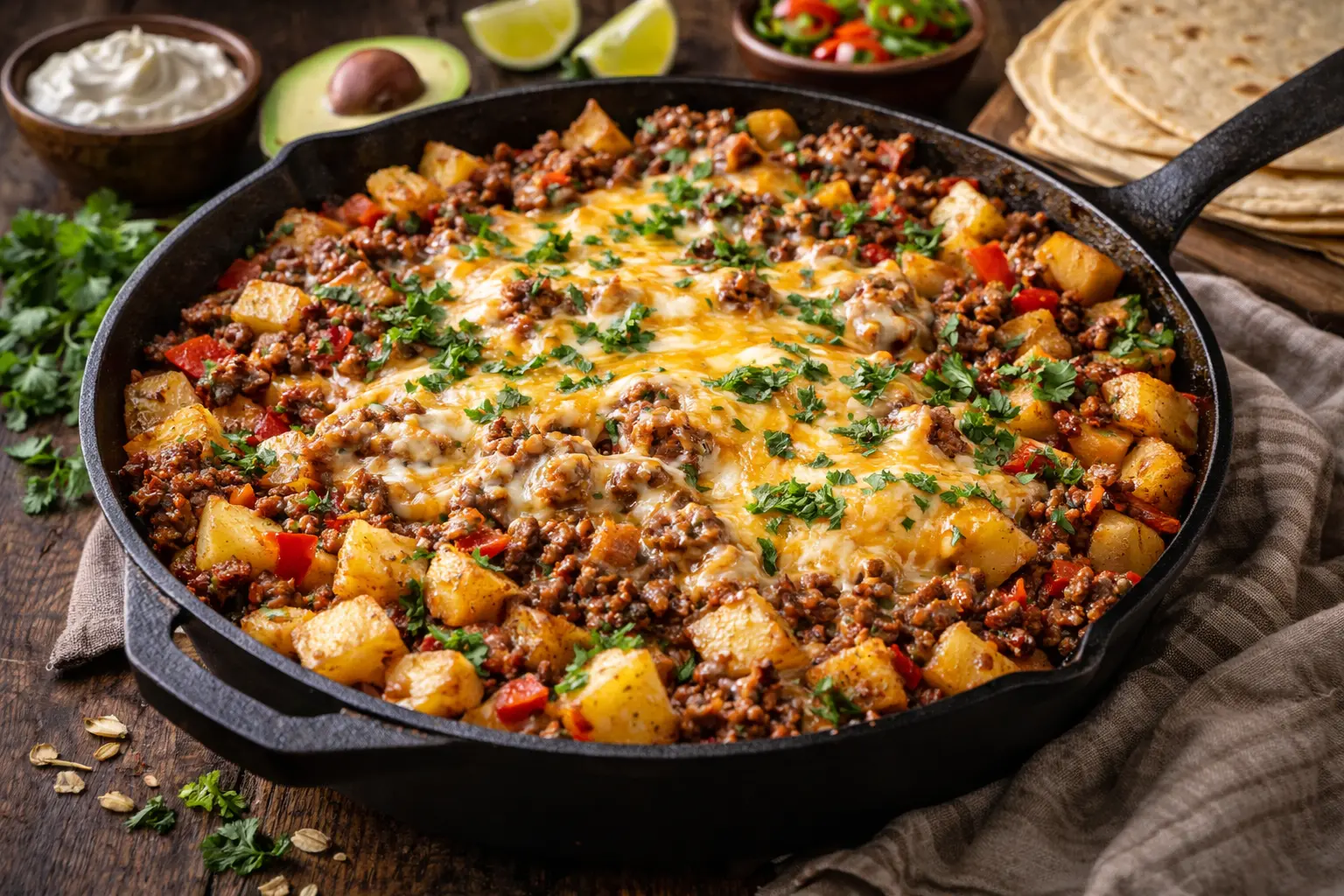 mexican ground beef and potato skillet with melted cheese and cilantro in a cast iron pan