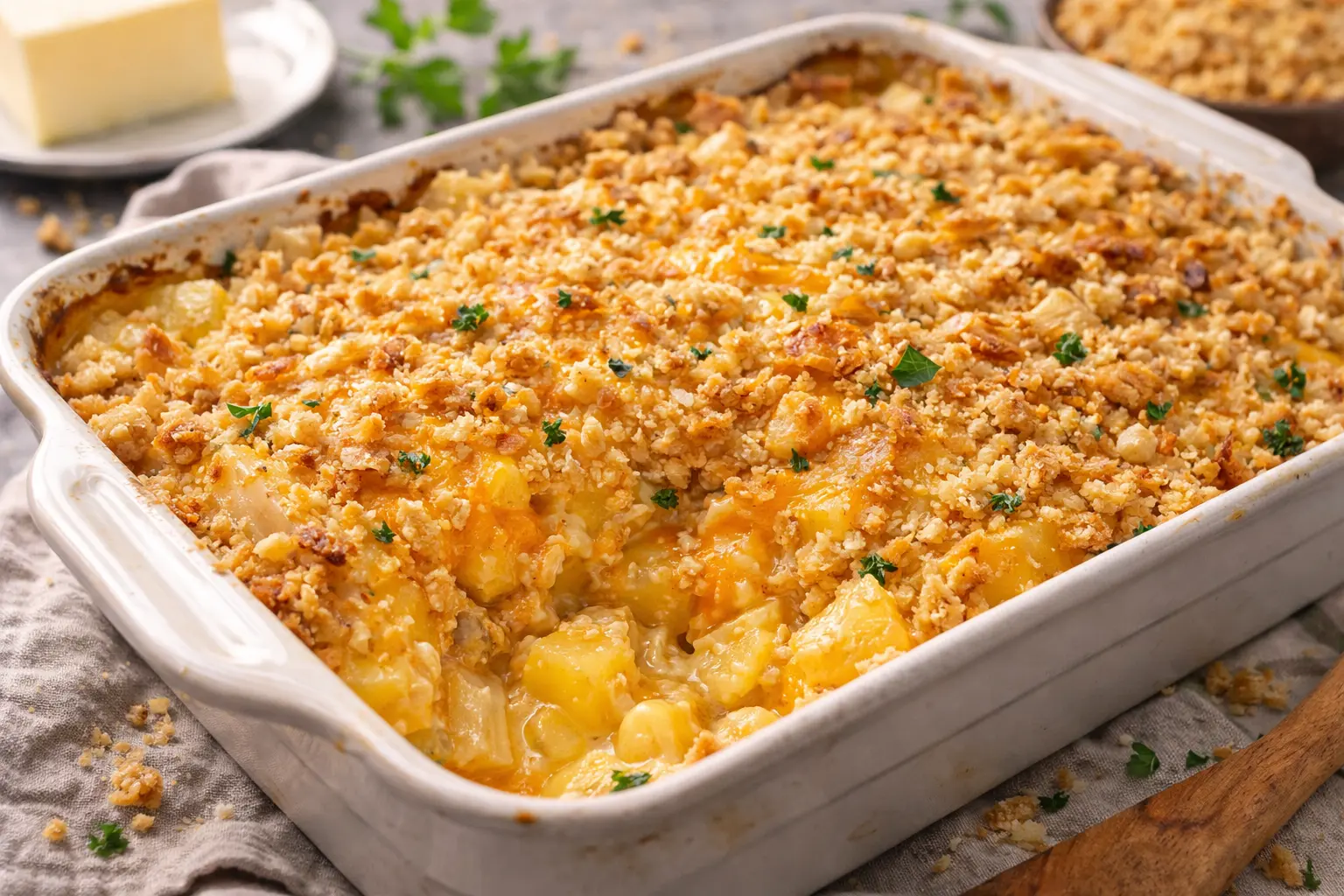 Paula Deen pineapple casserole with cheddar cheese and buttery Ritz cracker topping baked until golden brown