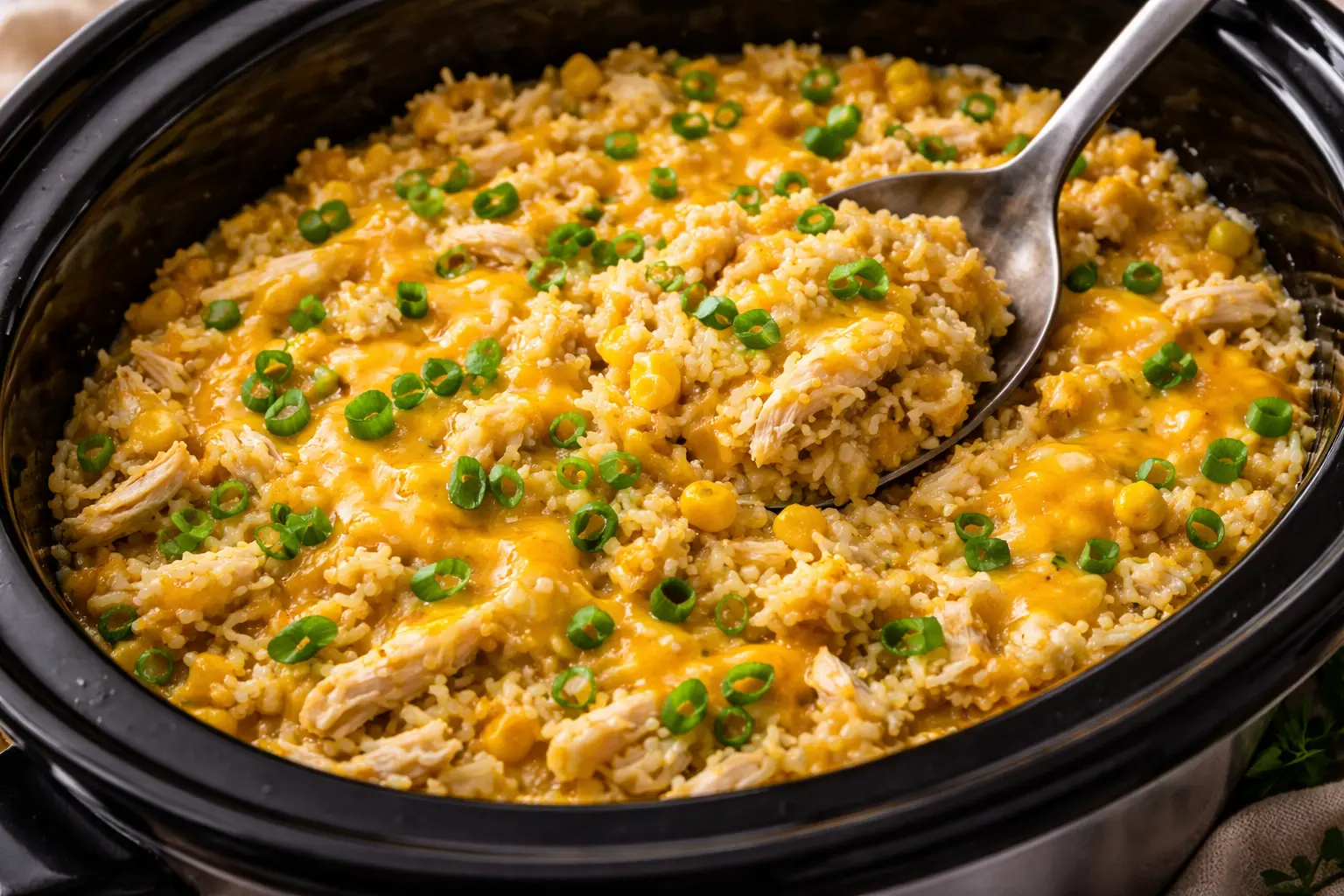 Slow cooker cheesy chicken and rice made with shredded chicken, yellow rice, corn, and melted cheddar cheese in a crockpot.