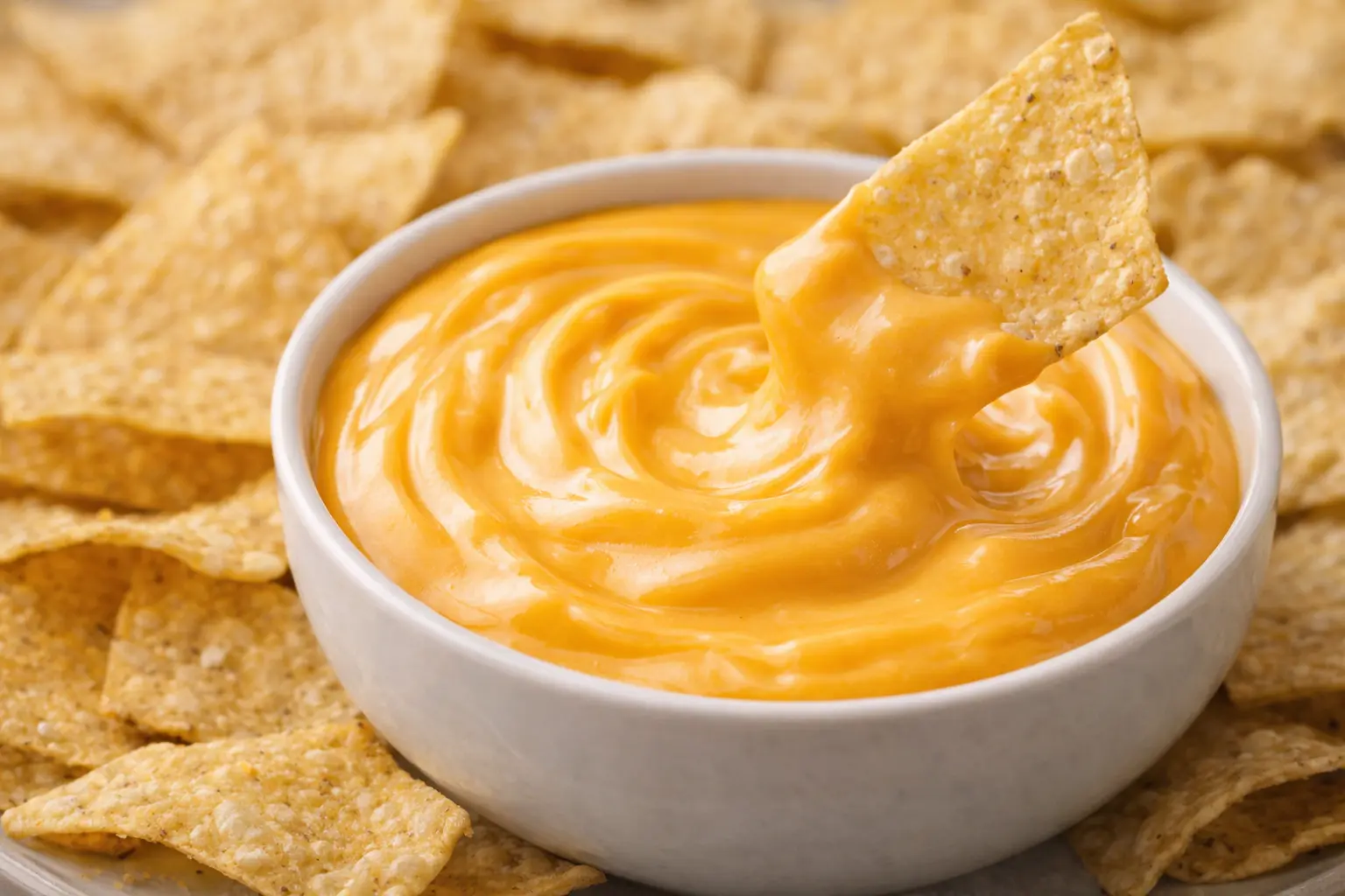 Creamy Taco Bell style nacho cheese sauce served in a bowl with crispy tortilla chips