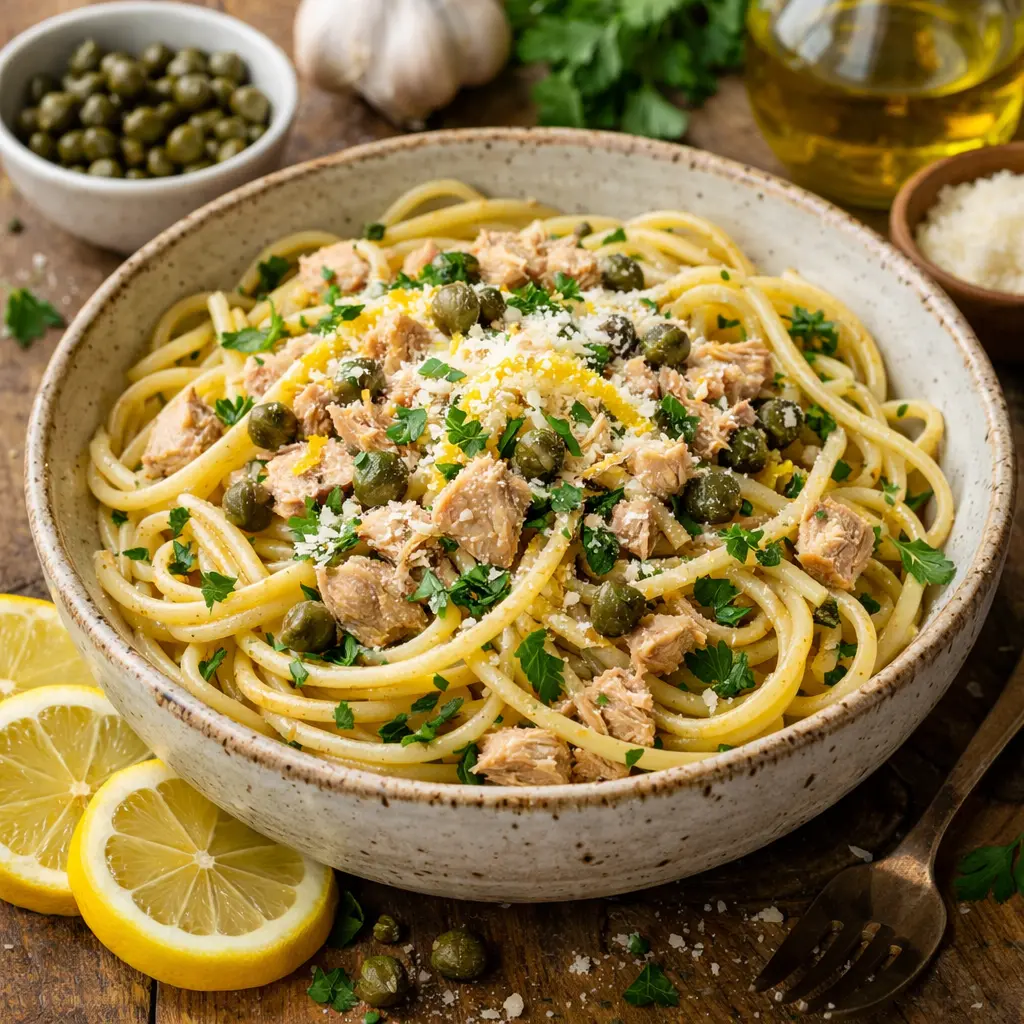 tuna pasta with lemon capers and parmesan served in rustic bowl with parsley garnish