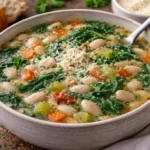 Healthy white bean soup with spinach carrots celery and parmesan cheese in a warm vegetable broth.