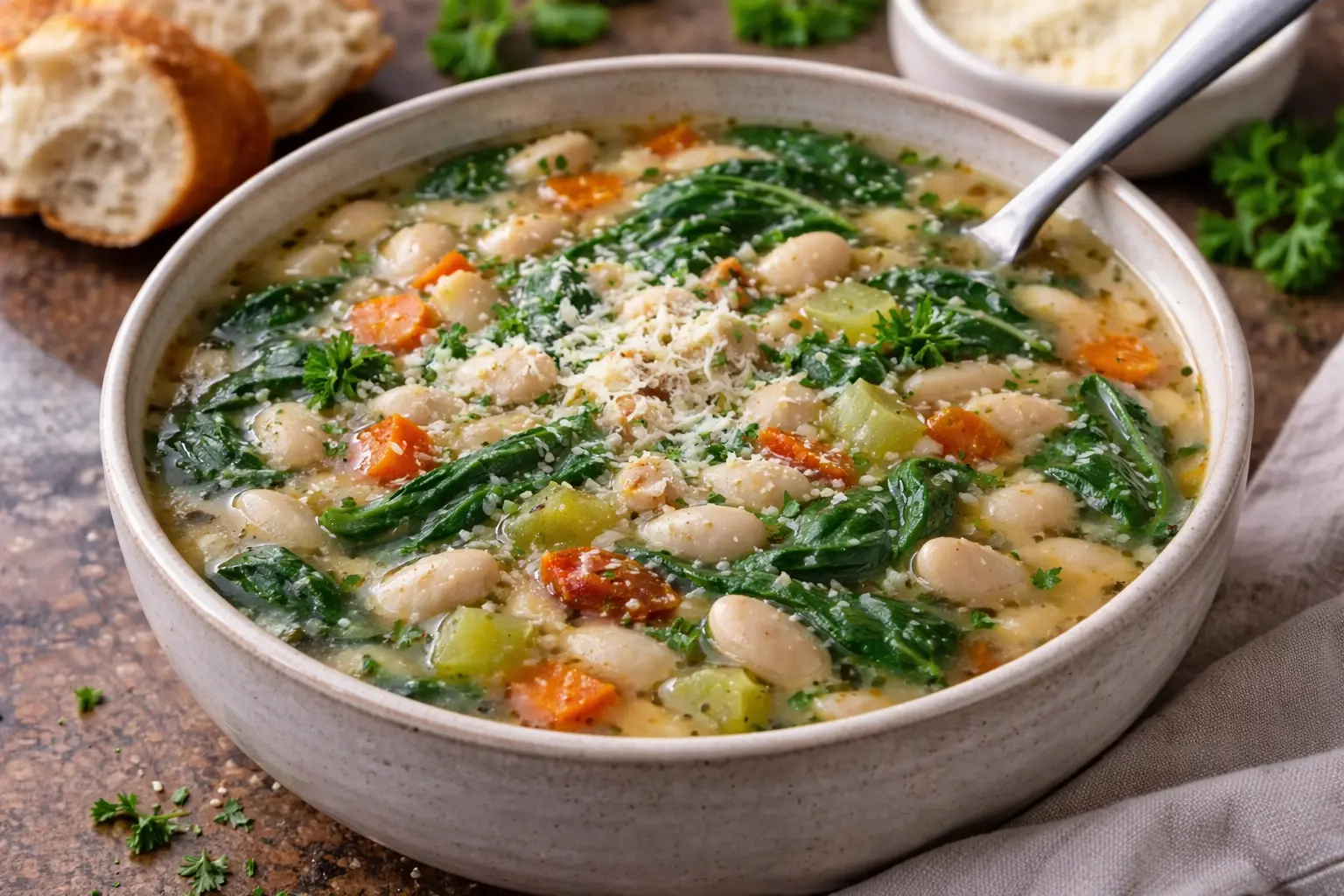 Healthy white bean soup with spinach carrots celery and parmesan cheese in a warm vegetable broth.