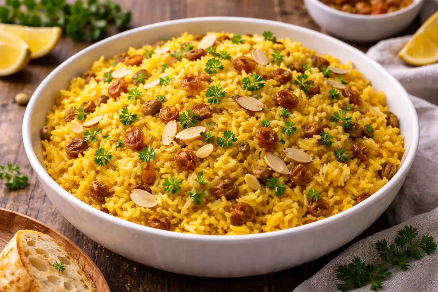 golden yellow rice made with basmati rice turmeric saffron raisins and toasted almonds in a serving bowl