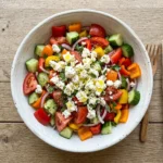 A close-up photograph of a fresh Tomato Cucumber Feta Salad in a ceramic bowl. The salad shows chunks of red tomatoes, green English cucumbers, red, orange, and yellow bell peppers, red onions, and crumbled feta cheese with olive oil.