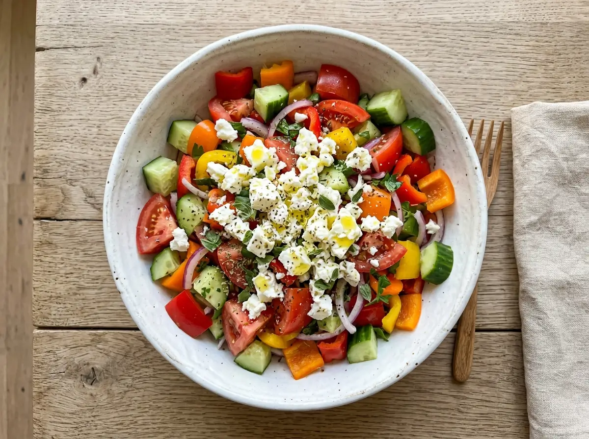 A close-up photograph of a fresh Tomato Cucumber Feta Salad in a ceramic bowl. The salad shows chunks of red tomatoes, green English cucumbers, red, orange, and yellow bell peppers, red onions, and crumbled feta cheese with olive oil.